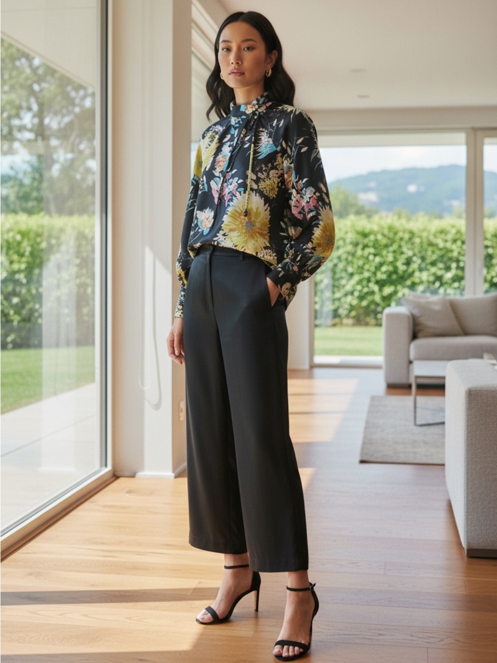Zara Black Floral Satin Mandarin Collar Blouse with Yellow and Pink Print